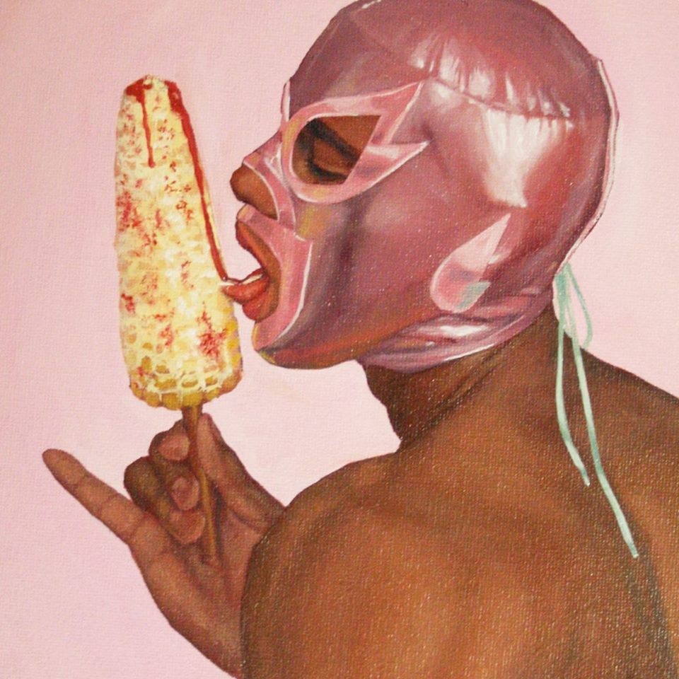 Pintura de Fabian Chairez de Luchador Enmascarado de Rosa comiendo un elote con chile | Blog Holográfico Publicidad