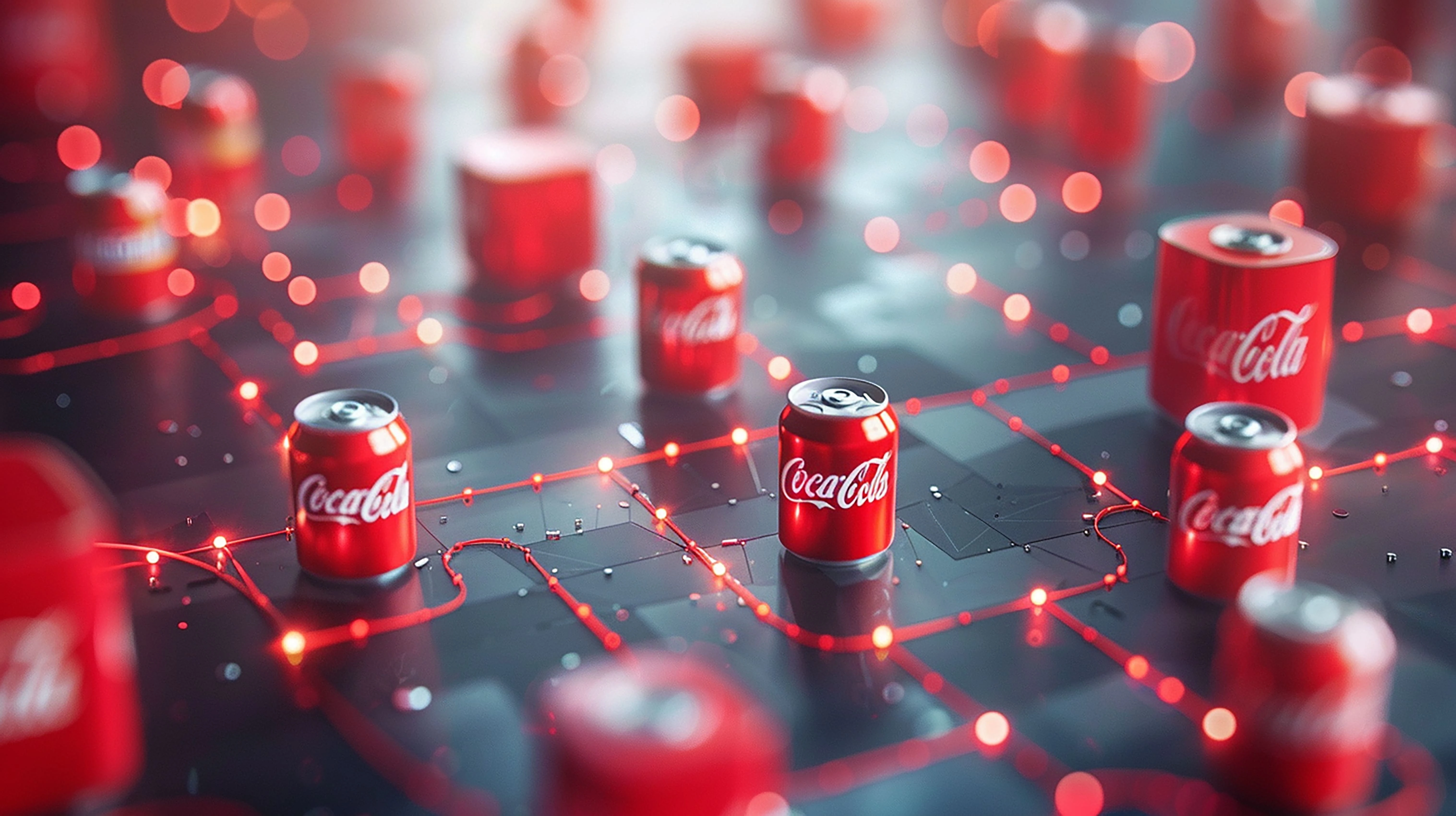 Lata de Coca-Cola sobre un fondo de red digital que representa su estrategia en marketing digital