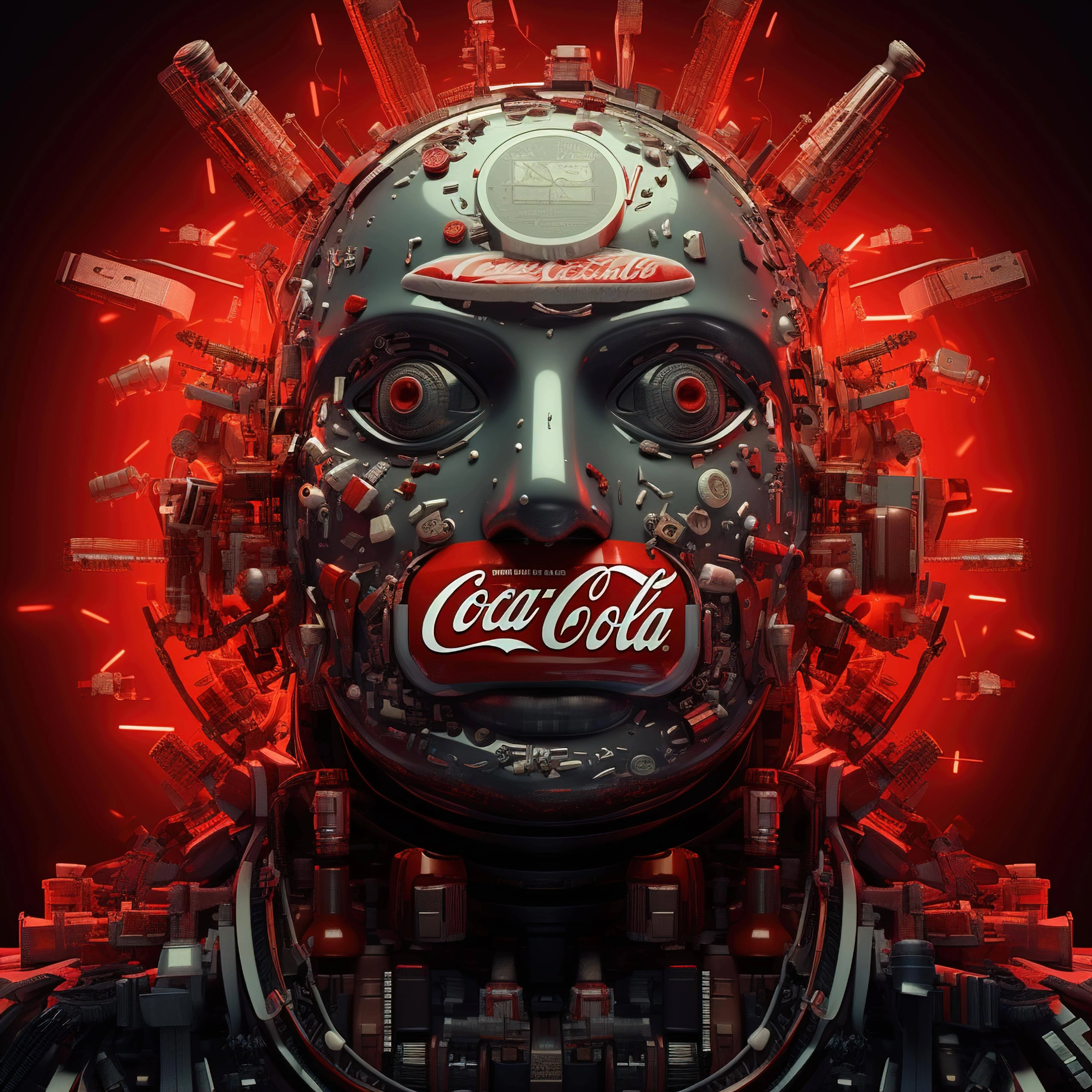 Arte digital futurista de un rostro con temática de Coca-Cola