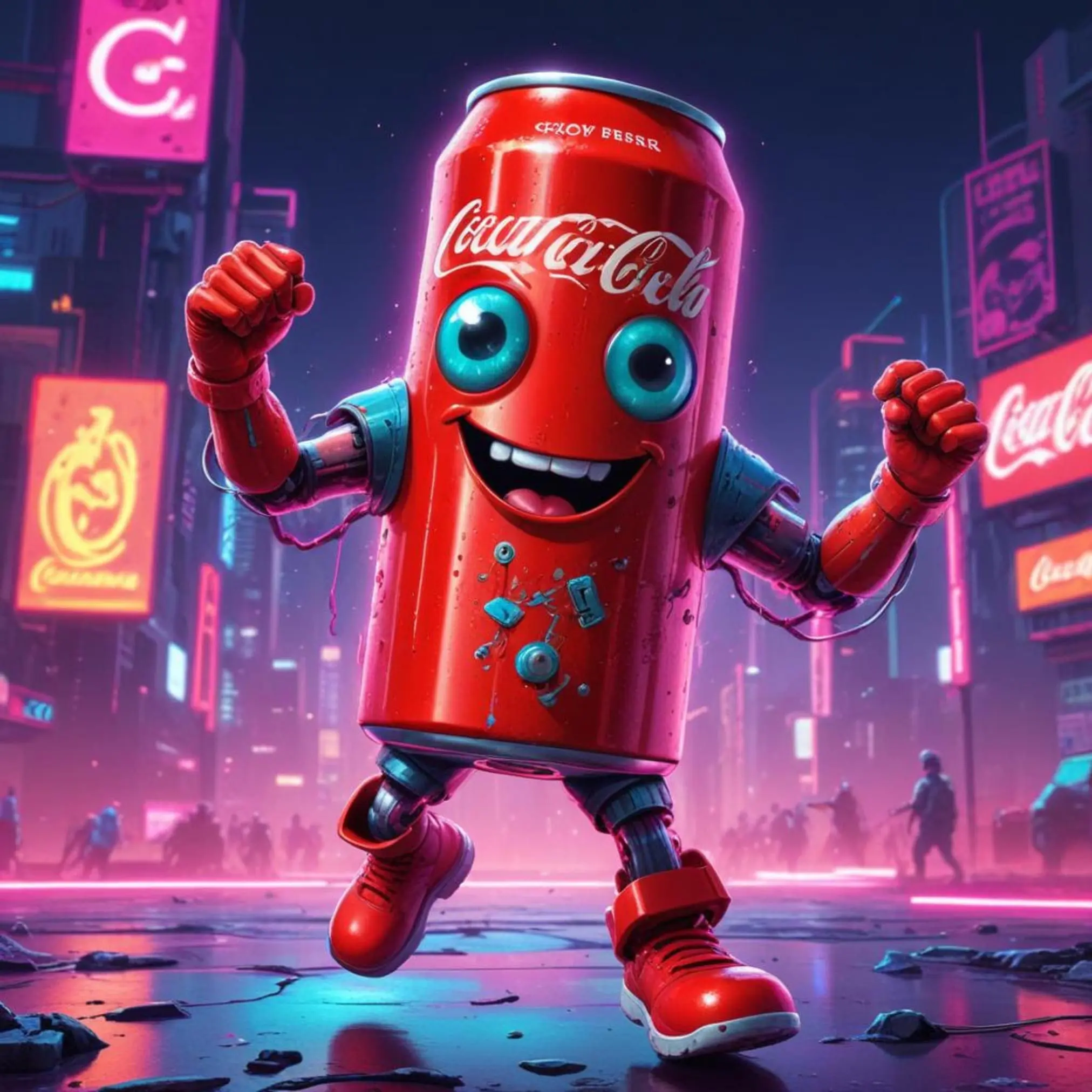 Lata animada de Coca-Cola en una ciudad futurista, mostrando un enfoque creativo de la marca.