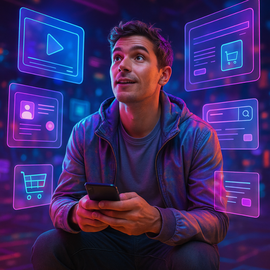 El consumidor digital moderno y sus múltiples estímulos visuales Joven rodeado de pantallas flotantes digitales que representan redes sociales, compras y contenidos, reflejando la saturación del entorno digital actual.