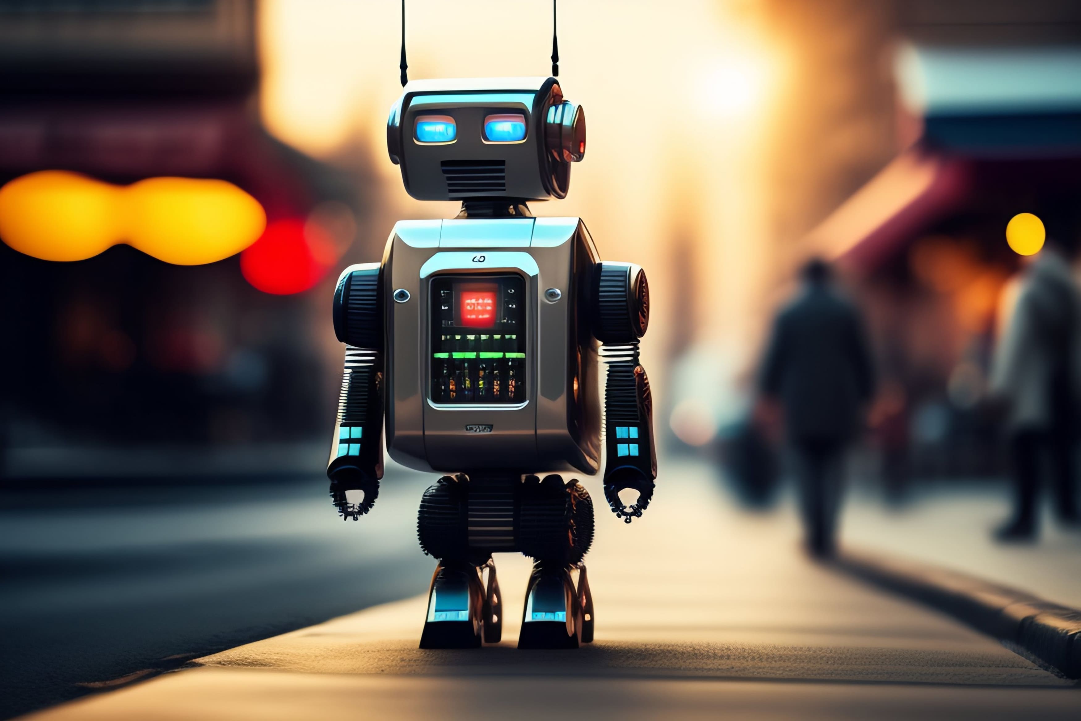 Robot retro caminando en la calle creado por inteligencia artificial | Blog Holográfico Publicidad